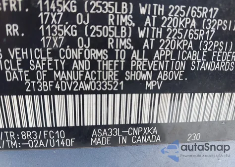 2010 Toyota Rav4 из США, поврежденный, VIN 2T3BF4DV2AW033521